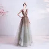 Charming Brown Gradient-Color Sage Green Evening Dresses  2020 A-Line / Princess Deep V-Neck Sleeveless Sequins Sash Glitter Tulle Floor-Length / Long Ruffle Backless Formal Dresses