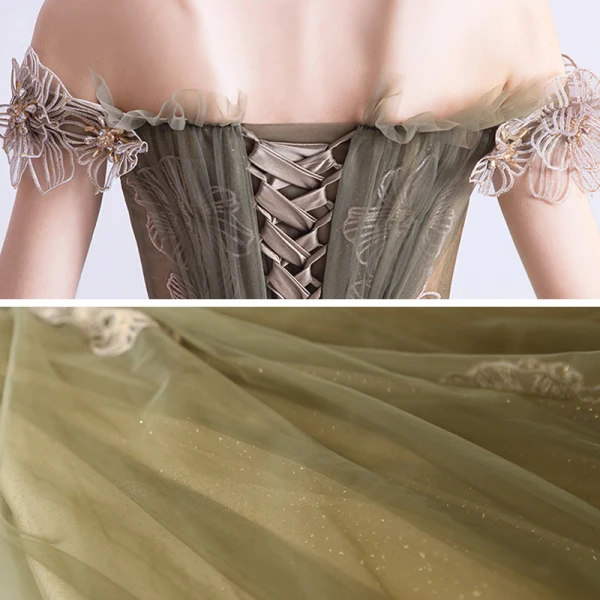 Schöne Braun Abendkleider 2020 A Linie Off Shoulder Kurze Ärmel Applikationen Spitze Perlenstickerei Stoffgürtel Lange Rüschen Rückenfreies Festliche Kleider