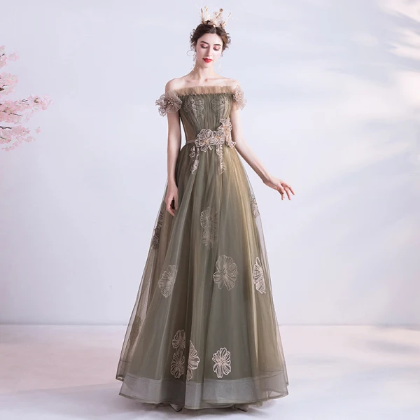Schöne Braun Abendkleider 2020 A Linie Off Shoulder Kurze Ärmel Applikationen Spitze Perlenstickerei Stoffgürtel Lange Rüschen Rückenfreies Festliche Kleider
