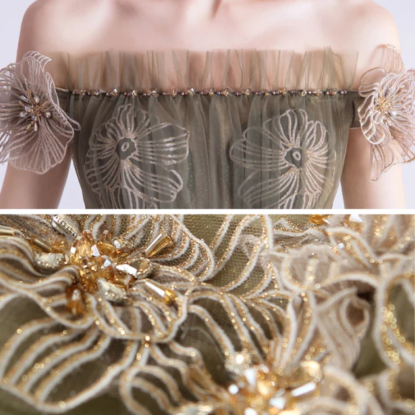 Schöne Braun Abendkleider 2020 A Linie Off Shoulder Kurze Ärmel Applikationen Spitze Perlenstickerei Stoffgürtel Lange Rüschen Rückenfreies Festliche Kleider