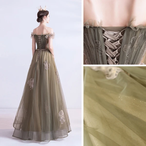 Schöne Braun Abendkleider 2020 A Linie Off Shoulder Kurze Ärmel Applikationen Spitze Perlenstickerei Stoffgürtel Lange Rüschen Rückenfreies Festliche Kleider