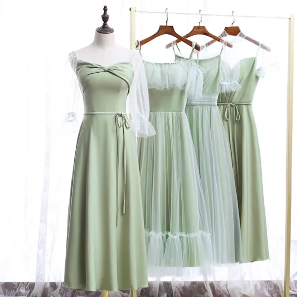 Chic / Beautiful Sage Green Bridesmaid Dresses 2020 A-Line / Princess Backless Tea-length Ruffle