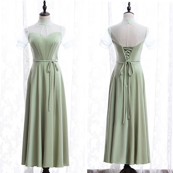 Chic / Belle Vert Cendré Robe Demoiselle D'honneur 2020 Princesse Dos Nu Thé Longueur Volants