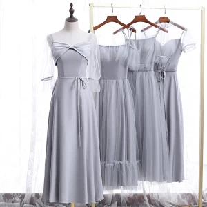 Affordable Grey Bridesmaid Dresses 2020 A Line Princess Backless Tea Length Ruffle