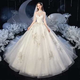 Vintage Originale Ivoire La Mariée Robe De Mariée 2020 Robe Boule Transparentes Col Haut 3 4 Manches Dos Nu Appliques En Dentelle Paillettes Perlage Cathedral Train Volants