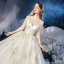 Vintage / Originale Ivoire La Mariée Robe De Mariée 2020 Robe Boule Transparentes Col Haut 3/4 Manches Dos Nu Appliques En Dentelle Paillettes Perlage Cathedral Train Volants