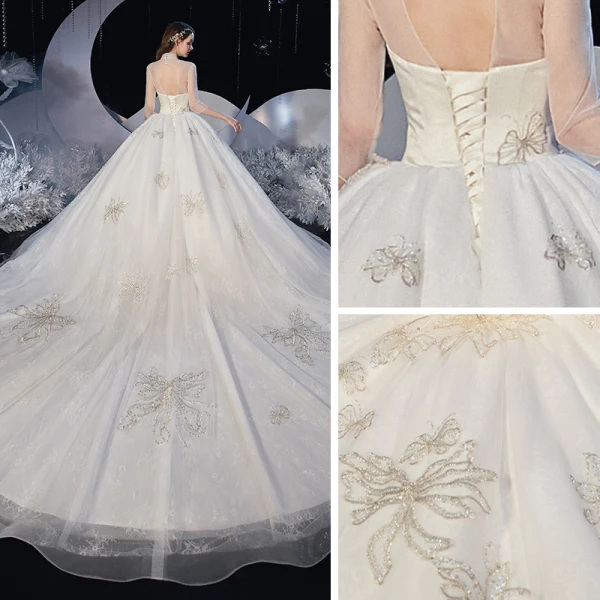 Vintage / Originale Ivoire La Mariée Robe De Mariée 2020 Robe Boule Transparentes Col Haut 3/4 Manches Dos Nu Appliques En Dentelle Paillettes Perlage Cathedral Train Volants