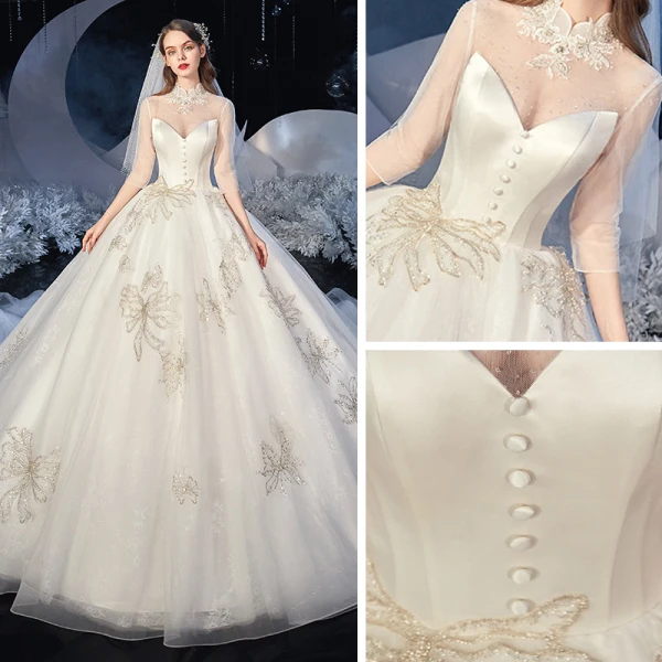 Vintage / Originale Ivoire La Mariée Robe De Mariée 2020 Robe Boule Transparentes Col Haut 3/4 Manches Dos Nu Appliques En Dentelle Paillettes Perlage Cathedral Train Volants