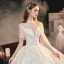 Style Victorien Ivoire La Mariée Robe De Mariée 2020 Robe Boule Transparentes Col Haut Gonflée Manches Courtes Dos Nu Appliques En Dentelle Perlage Gland Cathedral Train Volants