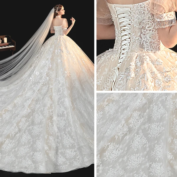 Style Victorien Ivoire La Mariée Robe De Mariée 2020 Robe Boule Transparentes Col Haut Gonflée Manches Courtes Dos Nu Appliques En Dentelle Perlage Gland Cathedral Train Volants