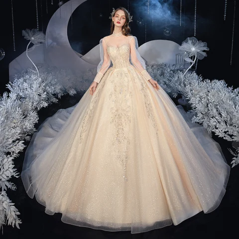 Vintage Estilo Victoriano Champán Boda Vestidos De Novia 2020 Ball Gown Transparentes Cuello Alto Hinchado Manga Larga Sin Espalda Apliques Con Encaje Rebordear Glitter Tul Cathedral Train Ruffle
