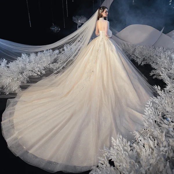 Vintage / Retro Victorian Style Champagne Bridal Wedding Dresses 2020 Ball Gown See-through High Neck Puffy Long Sleeve Backless Appliques Lace Vintage / Retro Victorian Style Champagne Bridal Wedding Dresses 2020 Ball Gown See-through High Neck Puffy Long Sleeve Backless Appliques Lace