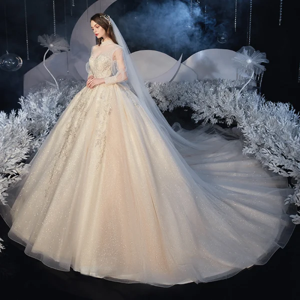 Vintage / Retro Victorian Style Champagne Bridal Wedding Dresses 2020 Ball Gown See-through High Neck Puffy Long Sleeve Backless Appliques Lace Beading Glitter Tulle Cathedral Train Ruffle