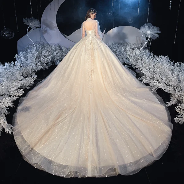 Vintage / Retro Victorian Style Champagne Bridal Wedding Dresses 2020 Ball Gown See-through High Neck Puffy Long Sleeve Backless Appliques Lace Beading Glitter Tulle Cathedral Train Ruffle