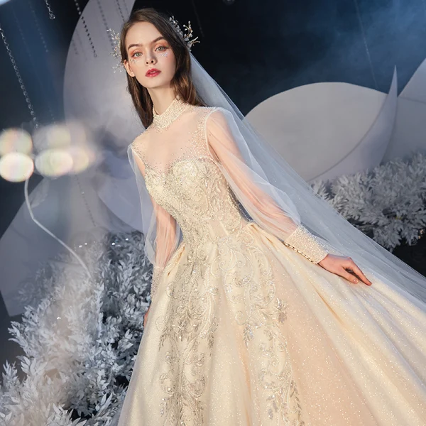Vintage / Retro Victorian Style Champagne Bridal Wedding Dresses 2020 Ball Gown See-through High Neck Puffy Long Sleeve Backless Appliques Lace Beading Glitter Tulle Cathedral Train Ruffle