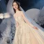 Vintage / Retro Victorian Style Champagne Bridal Wedding Dresses 2020 Ball Gown See-through High Neck Puffy Long Sleeve Backless Appliques Lace Beading Glitter Tulle Cathedral Train Ruffle