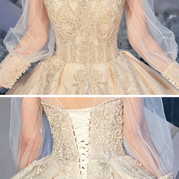 Vintage / Retro Victorian Style Champagne Bridal Wedding Dresses 2020 Ball Gown See-through High Neck Puffy Long Sleeve Backless Appliques Lace Beading Glitter Tulle Cathedral Train Ruffle