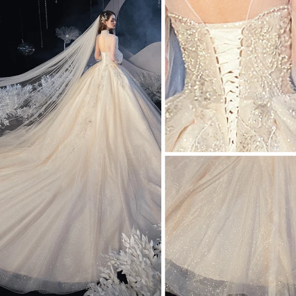 Vintage / Retro Victorian Style Champagne Bridal Wedding Dresses 2020 Ball Gown See-through High Neck Puffy Long Sleeve Backless Appliques Lace Beading Glitter Tulle Cathedral Train Ruffle