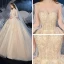 Vintage / Retro Victorian Style Champagne Bridal Wedding Dresses 2020 Ball Gown See-through High Neck Puffy Long Sleeve Backless Appliques Lace Beading Glitter Tulle Cathedral Train Ruffle