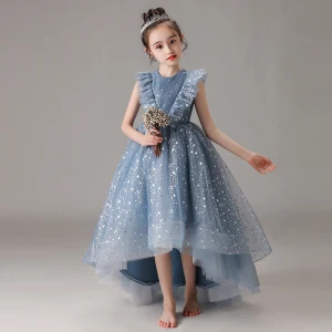 Vintage Retro Ocean Blue Birthday Flower Girl Dresses 2020 Ball Gown Scoop Neck Sleeveless Glitter Star Tulle Asymmetrical Ruffle