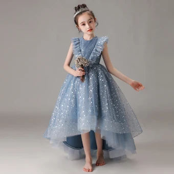 Vintage Originale Océan Bleu Anniversaire Robe Ceremonie Fille 2020 Robe Boule Encolure Dégagée Sans Manches Glitter Étoile Tulle Asymétrique Volants