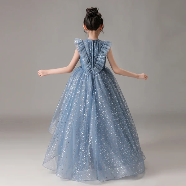 Vintage / Retro Ocean Blue Birthday Flower Girl Dresses 2020 Ball Gown Scoop Neck Sleeveless Glitter Star Tulle Asymmetrical Ruffle