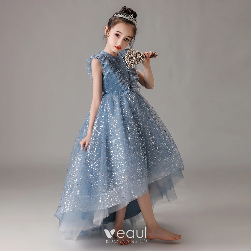 Vintage Retro Ocean Blue Birthday Flower Girl Dresses 2020 Ball Gown Scoop  Neck Sleeveless Glitter Star Tulle Asymmetrical Ruffle