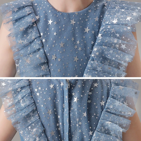 Vintage / Retro Ocean Blue Birthday Flower Girl Dresses 2020 Ball Gown Scoop Neck Sleeveless Glitter Star Tulle Asymmetrical Ruffle