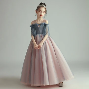 Élégant Rougissant Rose Anniversaire Robe Ceremonie Fille 2020 Princesse Transparentes Encolure Dégagée 1 2 Manches Glitter Tulle Longue Volants