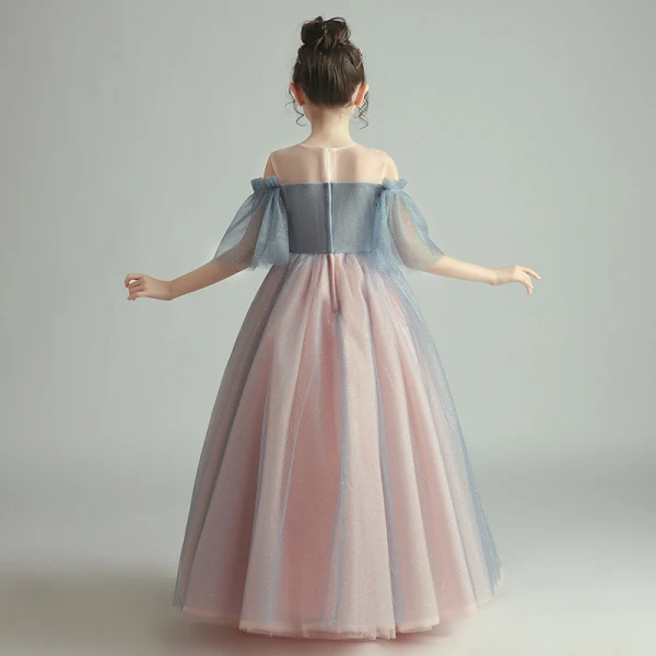 Elegant Blushing Pink Birthday Flower Girl Dresses 2020 Princess See-through Scoop Neck 1/2 Sleeves Glitter Tulle Floor-Length / Long Ruffle