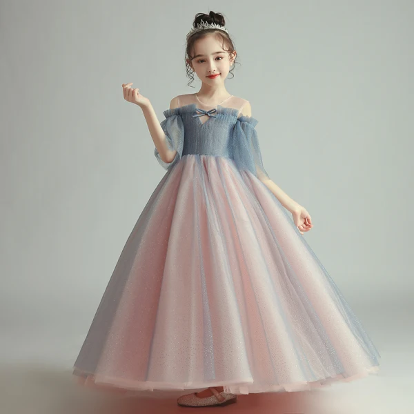 Elegant Blushing Pink Birthday Flower Girl Dresses 2020 Princess See-through Scoop Neck 1/2 Sleeves Glitter Tulle Floor-Length / Long Ruffle