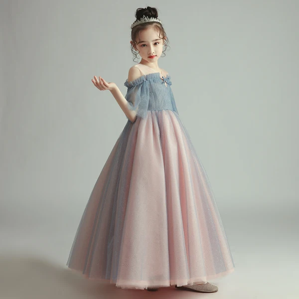 Elegant Blushing Pink Birthday Flower Girl Dresses 2020 Princess See-through Scoop Neck 1/2 Sleeves Glitter Tulle Floor-Length / Long Ruffle
