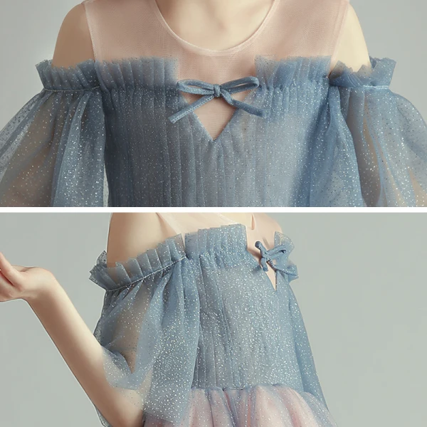 Elegant Blushing Pink Birthday Flower Girl Dresses 2020 Princess See-through Scoop Neck 1/2 Sleeves Glitter Tulle Floor-Length / Long Ruffle