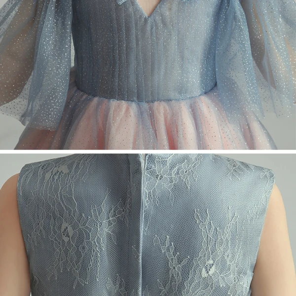 Elegant Blushing Pink Birthday Flower Girl Dresses 2020 Princess See-through Scoop Neck 1/2 Sleeves Glitter Tulle Floor-Length / Long Ruffle