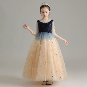 Elegant Champagne Birthday Flower Girl Dresses 2020 Ball Gown Scoop Neck 3 4 Sleeve Sequins Floor Length Long Ruffle