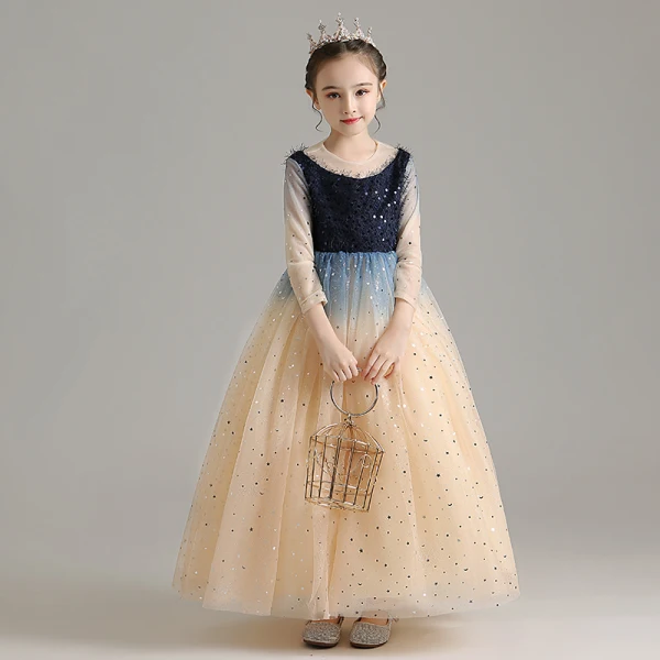 Elegant Champagne Birthday Flower Girl Dresses 2020 Ball Gown Scoop Neck 3/4 Sleeve Sequins Floor-Length / Long Ruffle