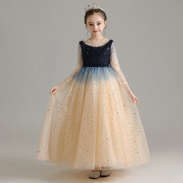 Elegant Champagne Birthday Flower Girl Dresses 2020 Ball Gown Scoop Neck 3/4 Sleeve Sequins Floor-Length / Long Ruffle