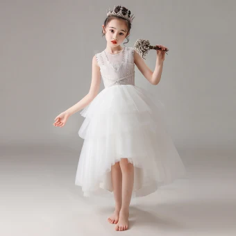 High Low White Flower Girl Dresses 2020 Ball Gown Scoop Neck Sleeveless Sequins Beading Asymmetrical Ruffle