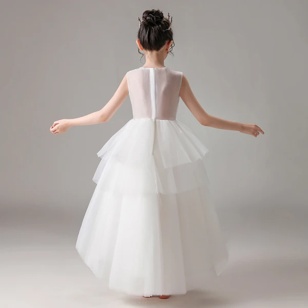 High Low White Flower Girl Dresses 2020 Ball Gown Scoop Neck Sleeveless Sequins Beading Asymmetrical Ruffle