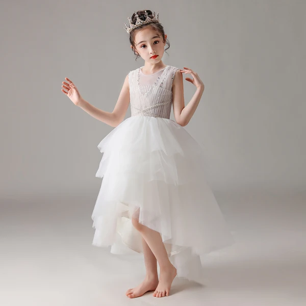 High Low White Flower Girl Dresses 2020 Ball Gown Scoop Neck Sleeveless Sequins Beading Asymmetrical Ruffle