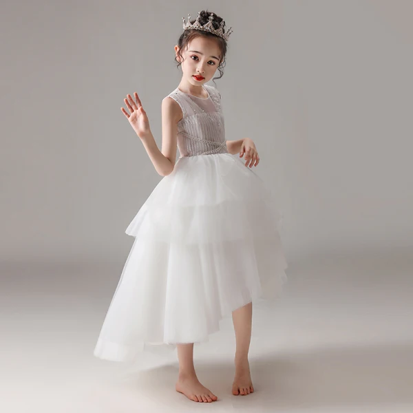 High Low White Flower Girl Dresses 2020 Ball Gown Scoop Neck Sleeveless Sequins Beading Asymmetrical Ruffle