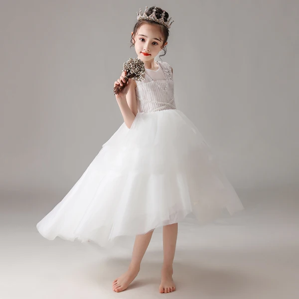 High Low White Flower Girl Dresses 2020 Ball Gown Scoop Neck Sleeveless Sequins Beading Asymmetrical Ruffle