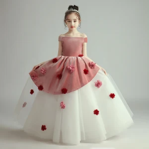 Deux Tons Rouge Blanche Anniversaire Robe Ceremonie Fille 2020 Robe Boule De L 039 Épaule Manches Courtes Dos Nu Appliques Fleur Longue Volants