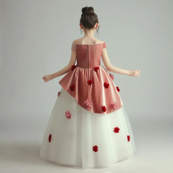 Two Tone Red White Birthday Flower Girl Dresses 2020 Ball Gown Off-The-Shoulder Short Sleeve Backless Appliques Flower Floor-Length / Long Ruffle