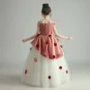 Dwa kolory Czerwone Białe Urodziny Sukienki Dla Dziewczynek 2020 Suknia Balowa Przy Ramieniu Kótkie Rękawy Bez Pleców Aplikacje Kwiat Długie Wzburzyć