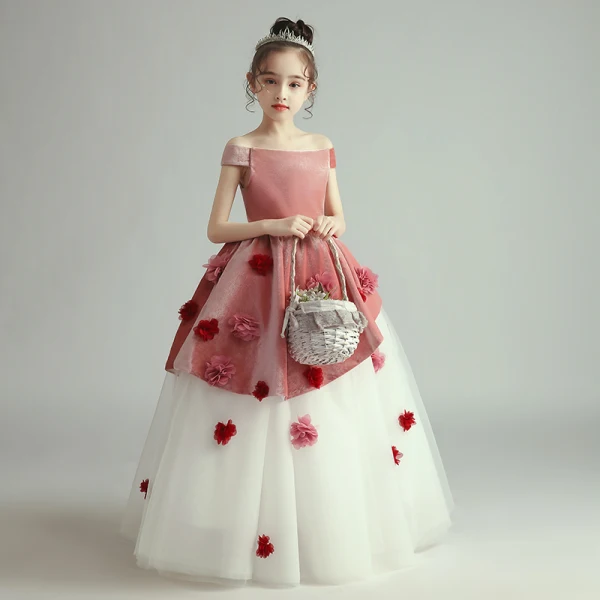 Two Tone Red White Birthday Flower Girl Dresses 2020 Ball Gown Off-The-Shoulder Short Sleeve Backless Appliques Flower Floor-Length / Long Ruffle