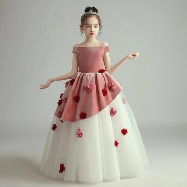 Two Tone Red White Birthday Flower Girl Dresses 2020 Ball Gown Off-The-Shoulder Short Sleeve Backless Appliques Flower Floor-Length / Long Ruffle