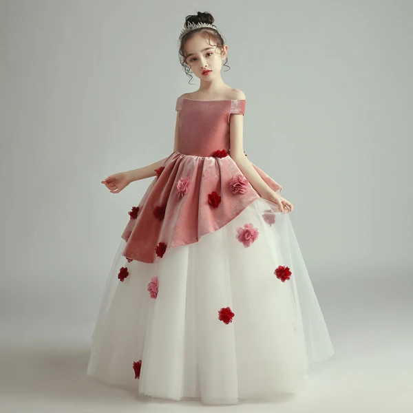 Two Tone Red White Birthday Flower Girl Dresses 2020 Ball Gown Off-The-Shoulder Short Sleeve Backless Appliques Flower Floor-Length / Long Ruffle