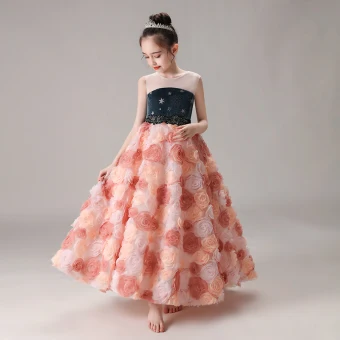Fée Des Fleurs Rougissant Rose Anniversaire Robe Ceremonie Fille 2020 Robe Boule Encolure Dégagée Sans Manches Étoile Brodé Appliques Fleur Perlage Ceinture Longue