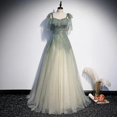Romantic Sage Green Evening Dresses  2020 A-Line / Princess Shoulders Sleeveless Beading Glitter Tulle Sequins Sweep Train Ruffle Backless Formal Dresses